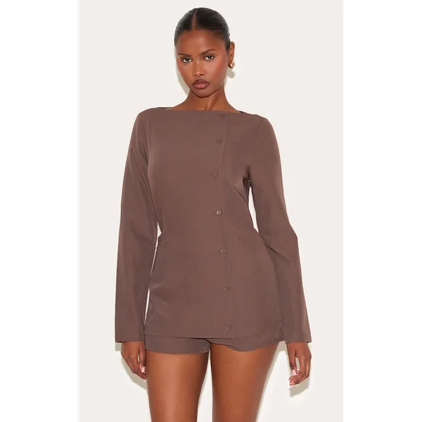 Chocolate Woven Boat Neck Button Tailored Skort Romper