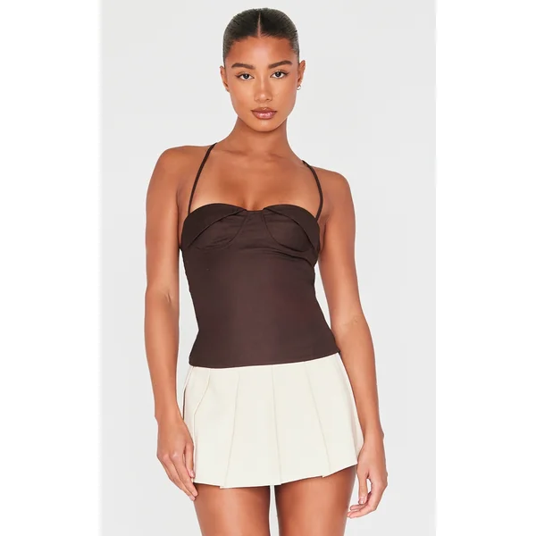 Chocolate Woven Bust Detail Cross Strap Long Top