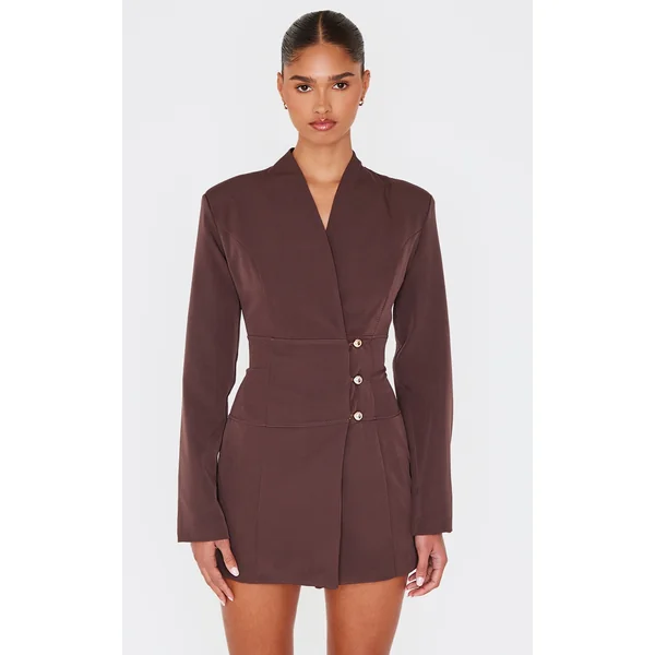 Chocolate Woven Button Detail Blazer Dress
