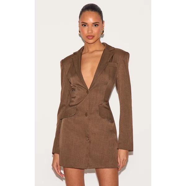 Chocolate Woven Cinched Waist Blazer Dress