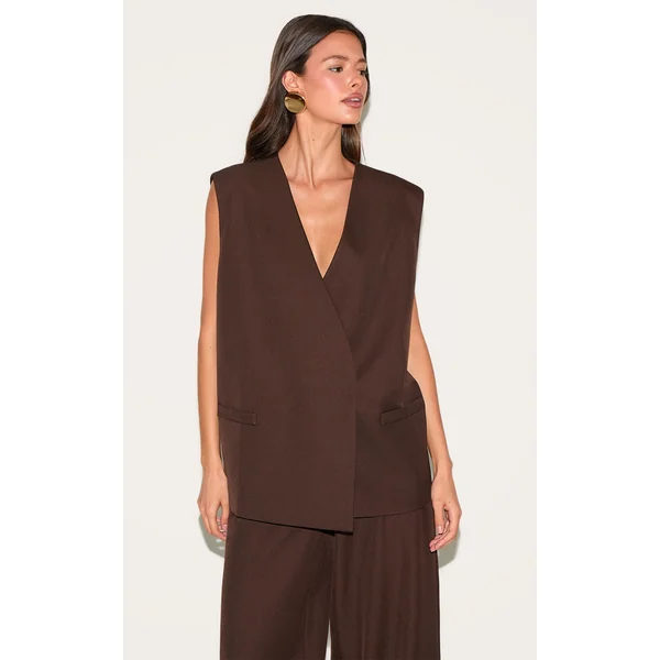 Chocolate Woven Collarless Oversized Shoulder Pad Vest