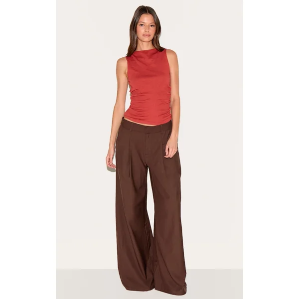 Chocolate Woven Double Pleat Wide Leg Pants