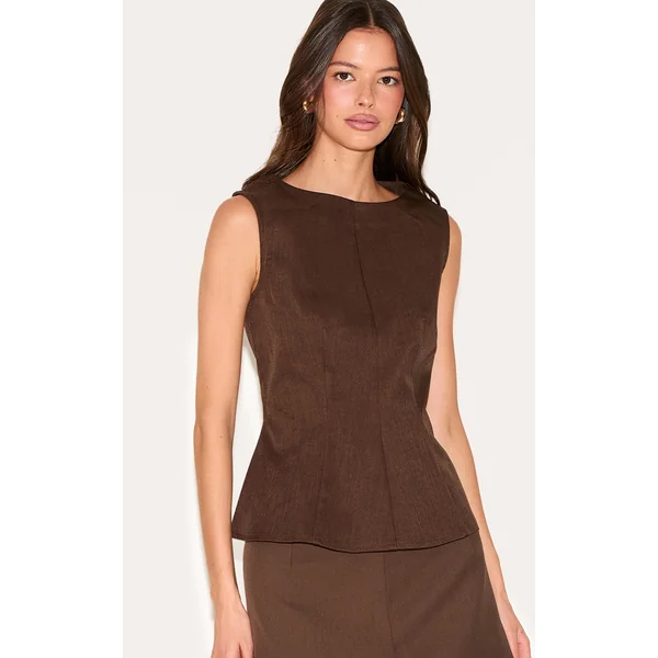 Chocolate Woven Fitted Boatneck Peplum Top