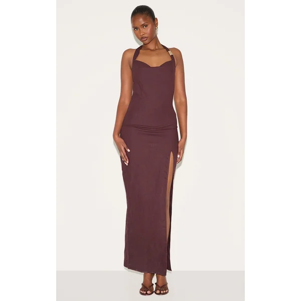 Chocolate Woven Halterneck Maxi Dress