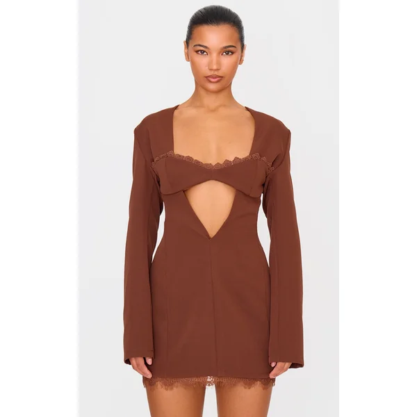 Chocolate Woven Lace Trim Detail Blazer Dress