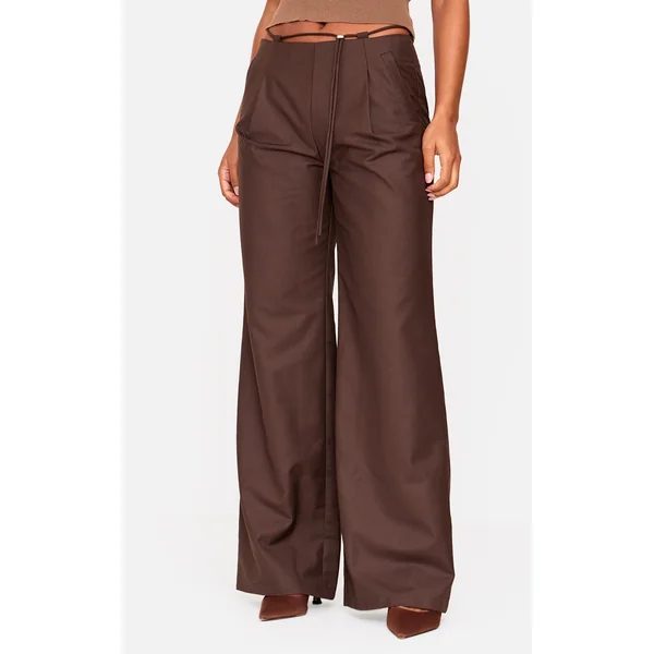 Chocolate Woven Low Rise Thin Belt Detail Straight Leg Pants