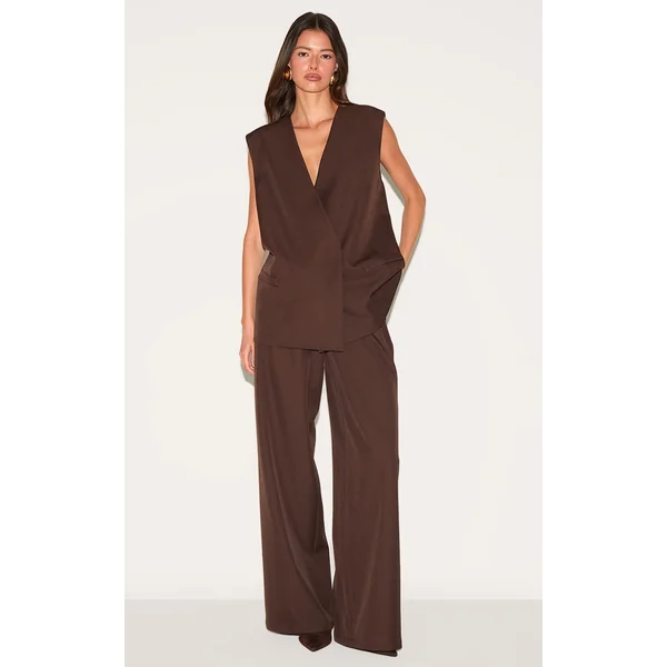 Chocolate Woven Pleated Mid Rise Wide Leg Pant