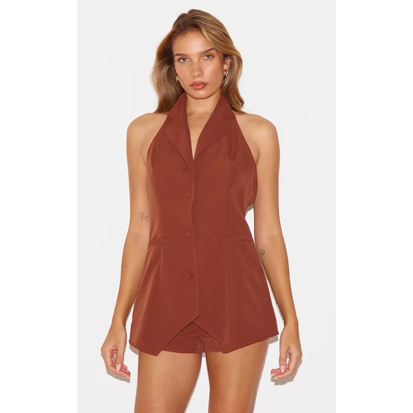 Chocolate Woven Plunge Vest Skort Romper