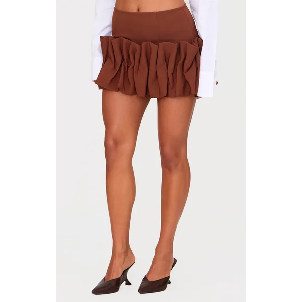 Chocolate Woven Puffball Hem Mini Skirt