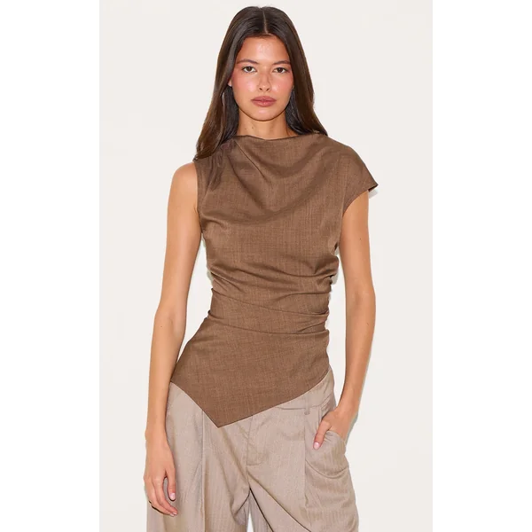 Chocolate Woven Ruched Asymmetric Long Top