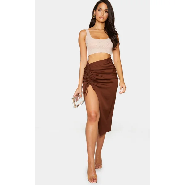 Chocolate Woven Ruched Detail Midi Skirt