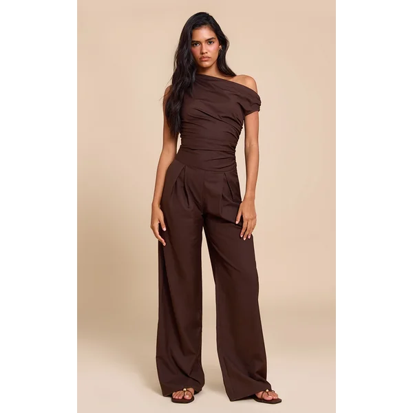 Chocolate Woven Ruched One Sleeve Jumpsuit