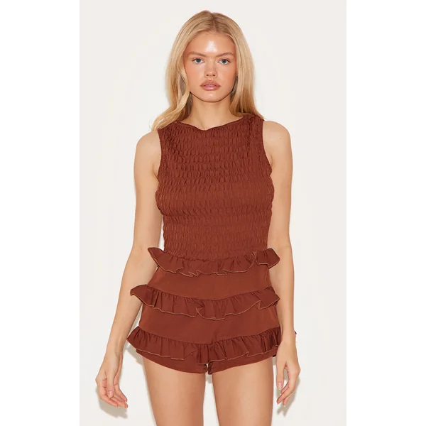 Chocolate Woven Shirred Boat Neck Romper
