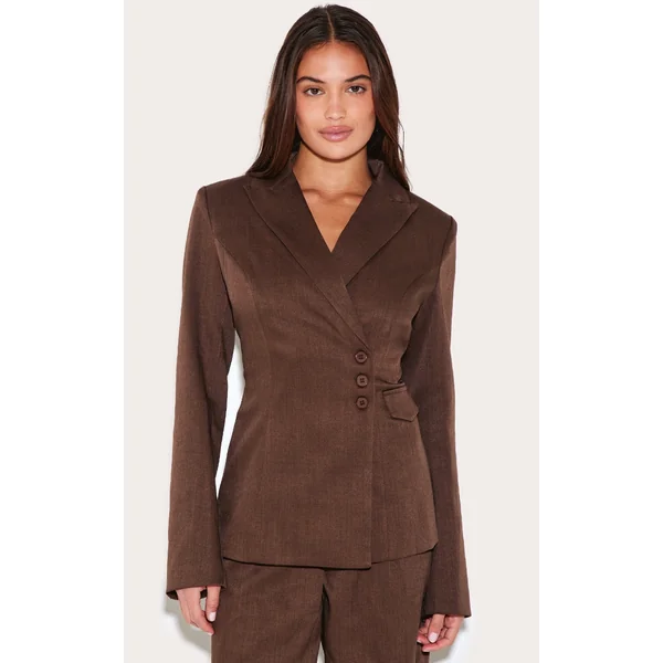 Chocolate Woven Tailored Cinched Waist Blazer