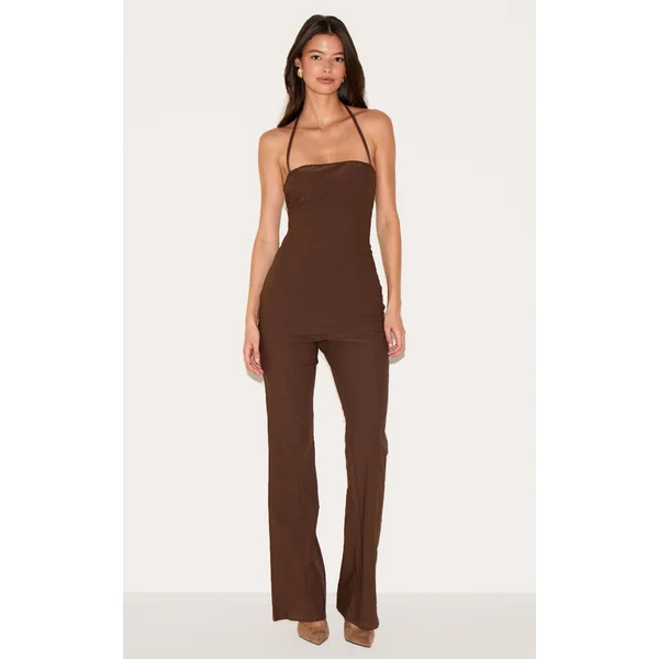 Chocolate Woven Thin Halter Overlay Detail Jumpsuit