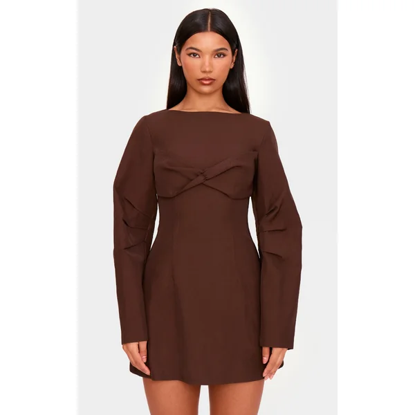 Chocolate Woven Twist Detail Balloon Sleeve Dress