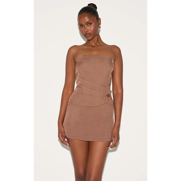Chocolate Woven Wrap Button Bandeau Mini Dress