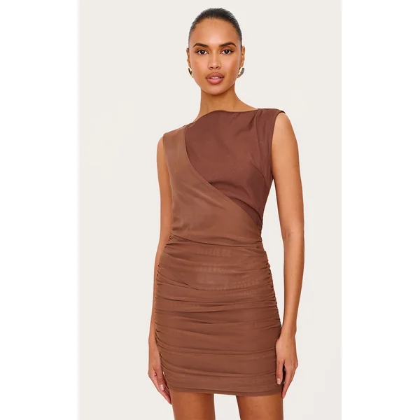 Chocolate Woven Wrap Ruched Mini Dress