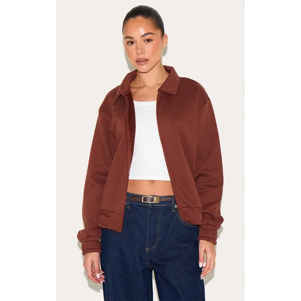 Chocolate Zip Through Collared Sweatshirt