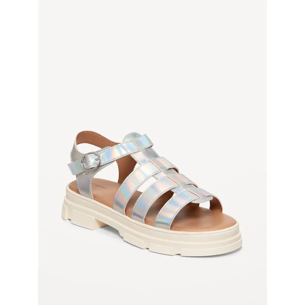 Chunky Faux-Leather Fisherman Sandals for Girls - Silver Metallic