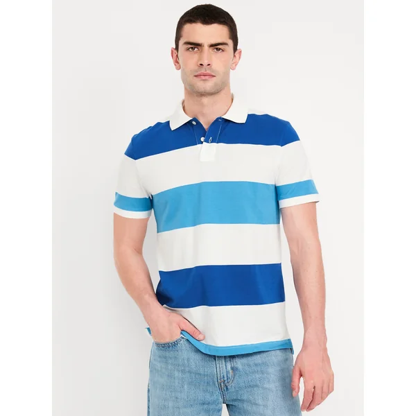 Classic Fit Striped Pique Polo - Blue/White Stripe