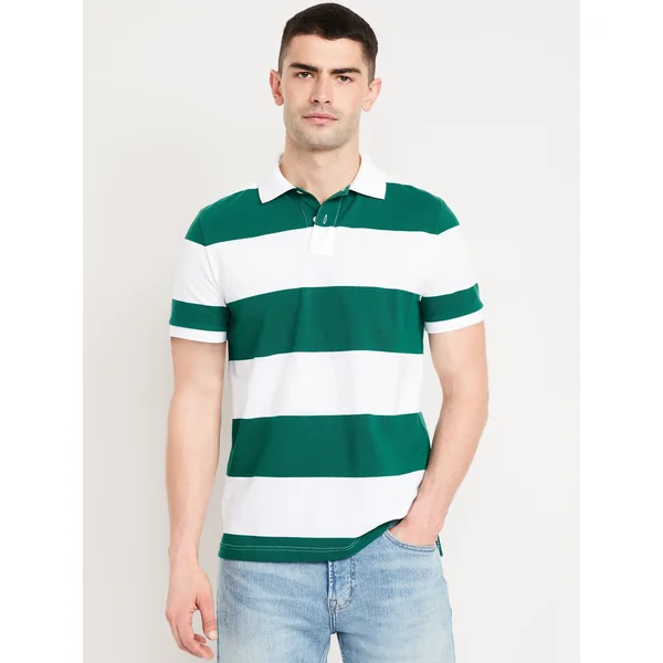 Classic Fit Striped Pique Polo - Green/White Stripe