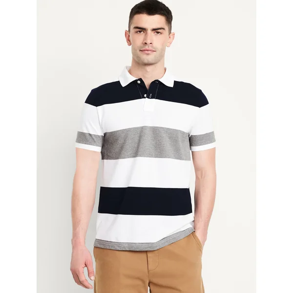 Classic Fit Striped Pique Polo - White/Gray/Navy Stripe