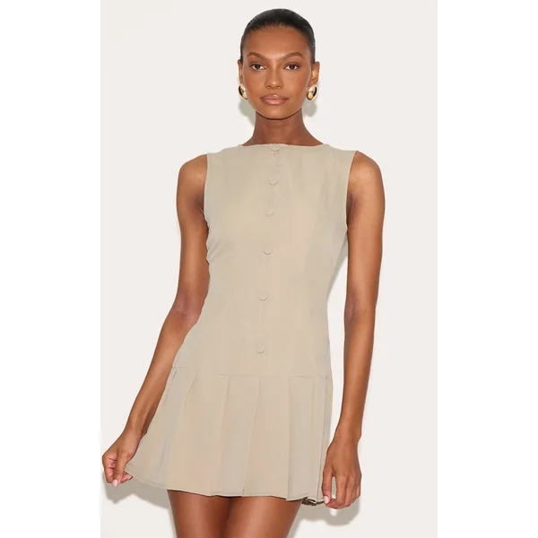 Clay Button Down Pleated Hem Shift Dress