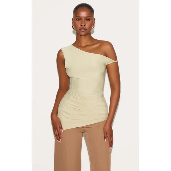 Clay Ruched Detail Asymmetric Slinky Long Top