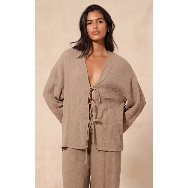 Clay Textured Cheesecloth Tie Front Shirt