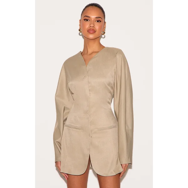 Clay Woven Balloon Sleeve Collarless Blazer Dress