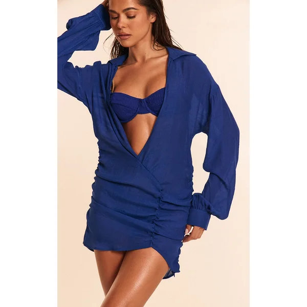 Cobalt Linen Look Plunge Ruched Beach Dress