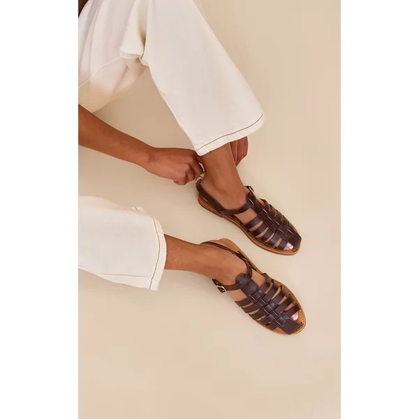 Coffee Faux Leather Gladiator Cage Flat Sandals
