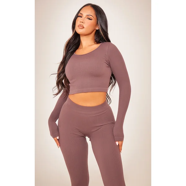 Coffee Structured Snatched Ribbed Long Sleeve Crop Top