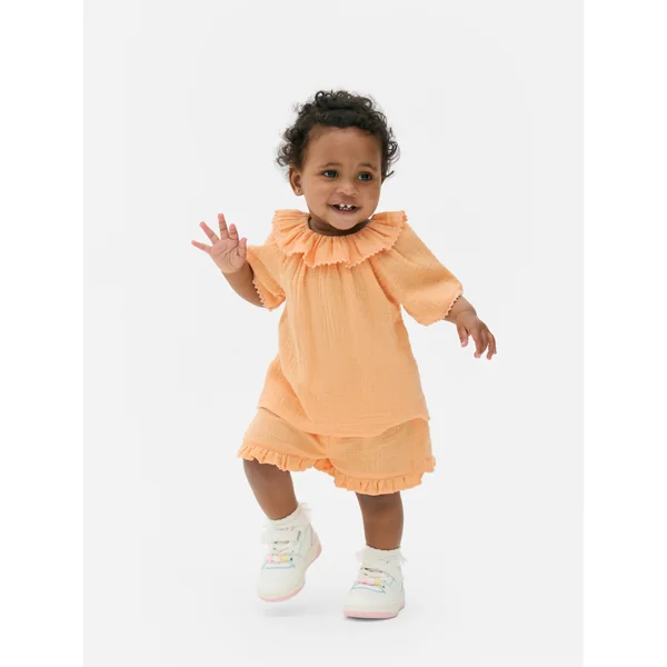 Collared Blouse and Ruffled Shorts Set - Orange