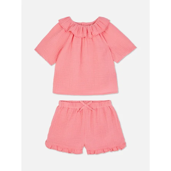 Collared Blouse and Ruffled Shorts Set - Pink