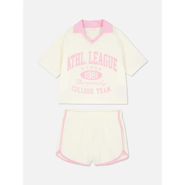 Collared Varsity Top and Running Shorts - Pink