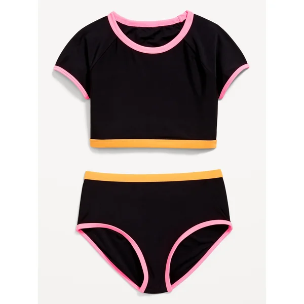 Color-Block Raglan-Sleeve Swim Set for Girls - Black Jack
