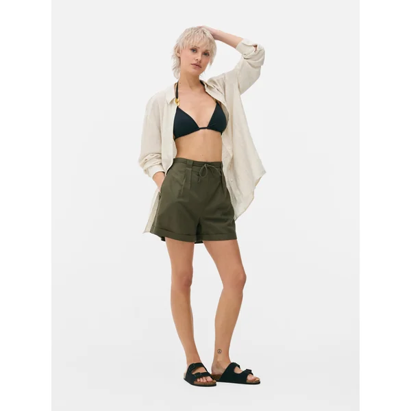 Cotton Blend Tie Shorts - Olive