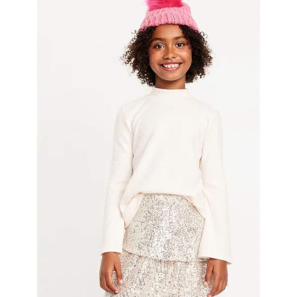 Cozy Mock-Neck Bell-Sleeve Ribbed Top for Girls - Creme De La Creme