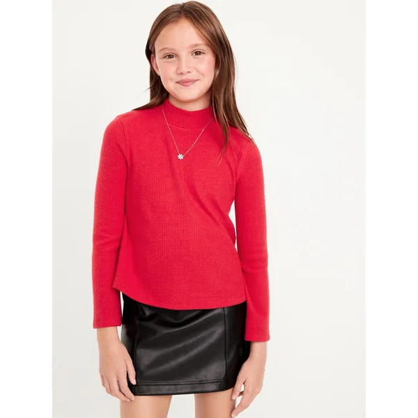 Cozy Mock-Neck Bell-Sleeve Ribbed Top for Girls - Sanguine