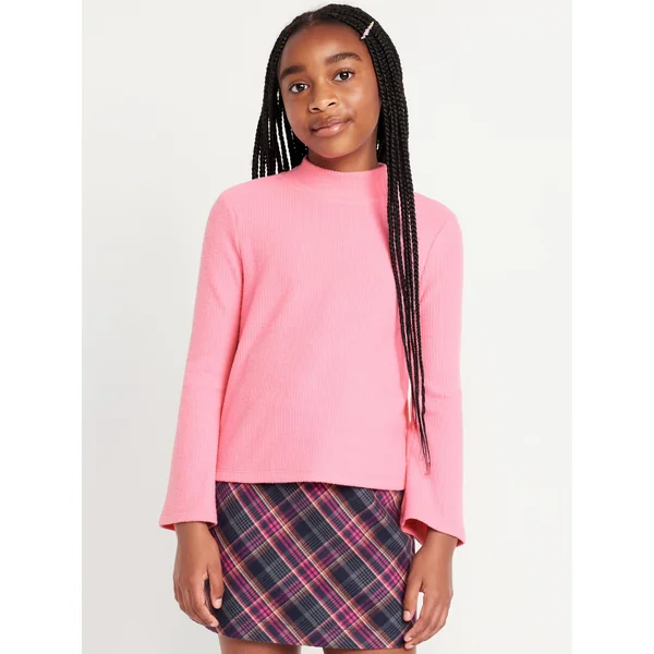 Cozy Mock-Neck Bell-Sleeve Ribbed Top for Girls - Supernova