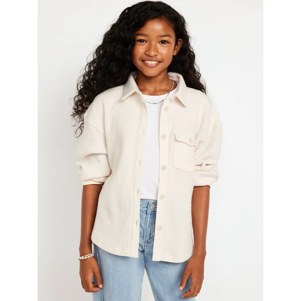 Cozy Waffle-Knit Shacket for Girls - Creme De La Creme