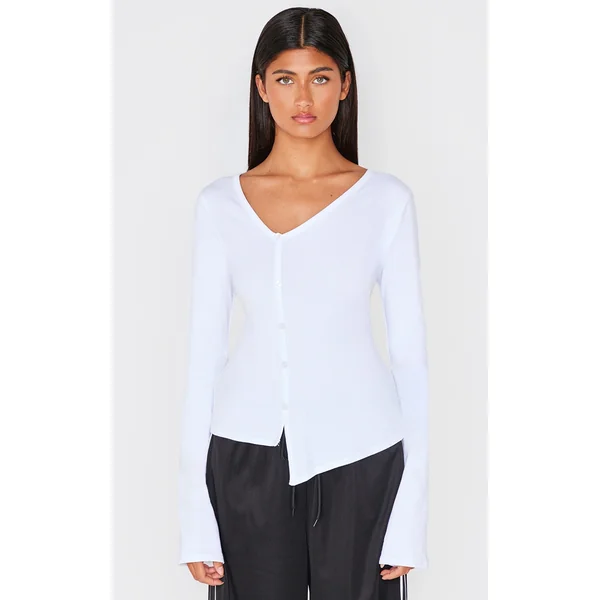 Cream Asymmetric Button Down Detail Long Sleeve Top