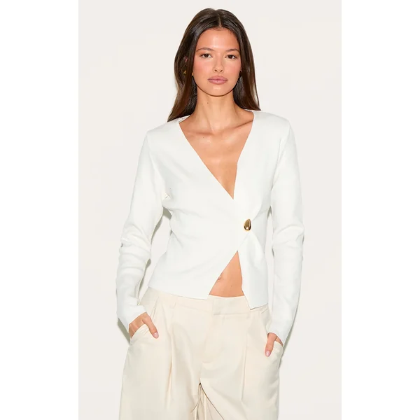 Cream Asymmetric Compact Knit Cardigan