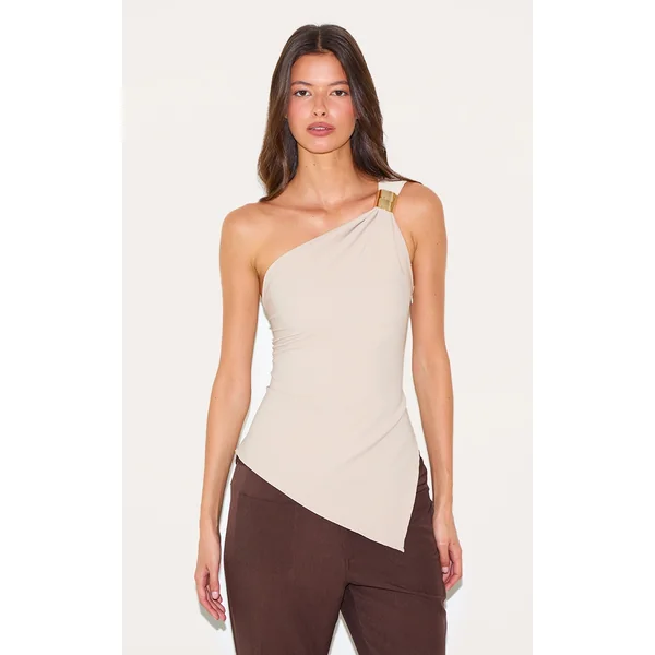 Cream Asymmetric One Shoulder Trim Detail Long Top