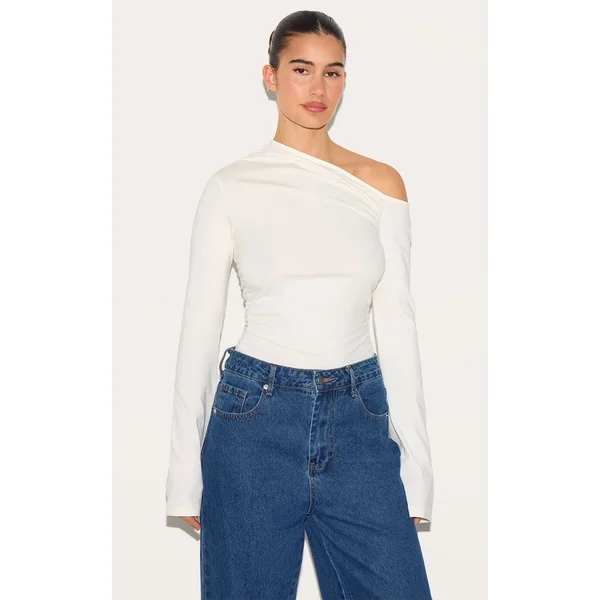 Cream Asymmetric Ruched Flared Sleeve Long Top