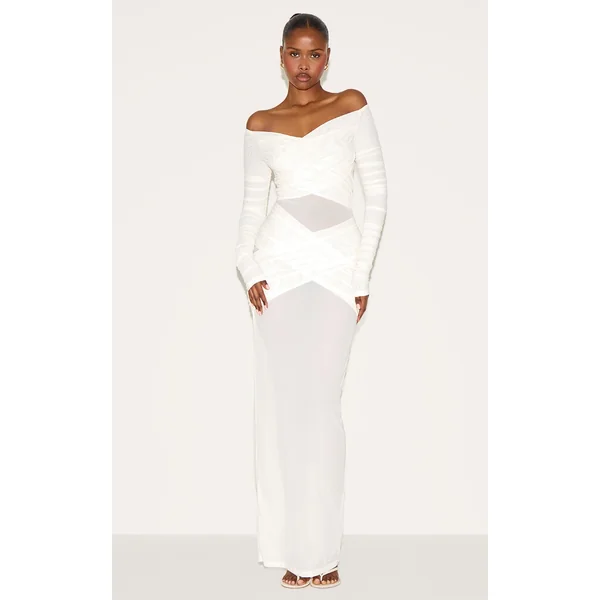 Cream Bandage Mesh Bardot Layered Ruched Maxi Dress