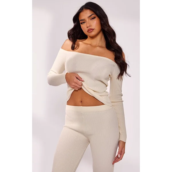 Cream Bardot Rib Knit Long Sleeve Top