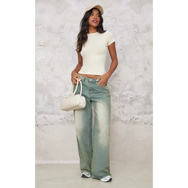 Cream Basic Cotton Blend Fitted Crew Neck T Shirt